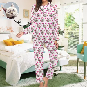 Custom Face Pajamas Cat&Heart Pink Sleepwear Personalized Women's Crewneck Long Pajamas Set