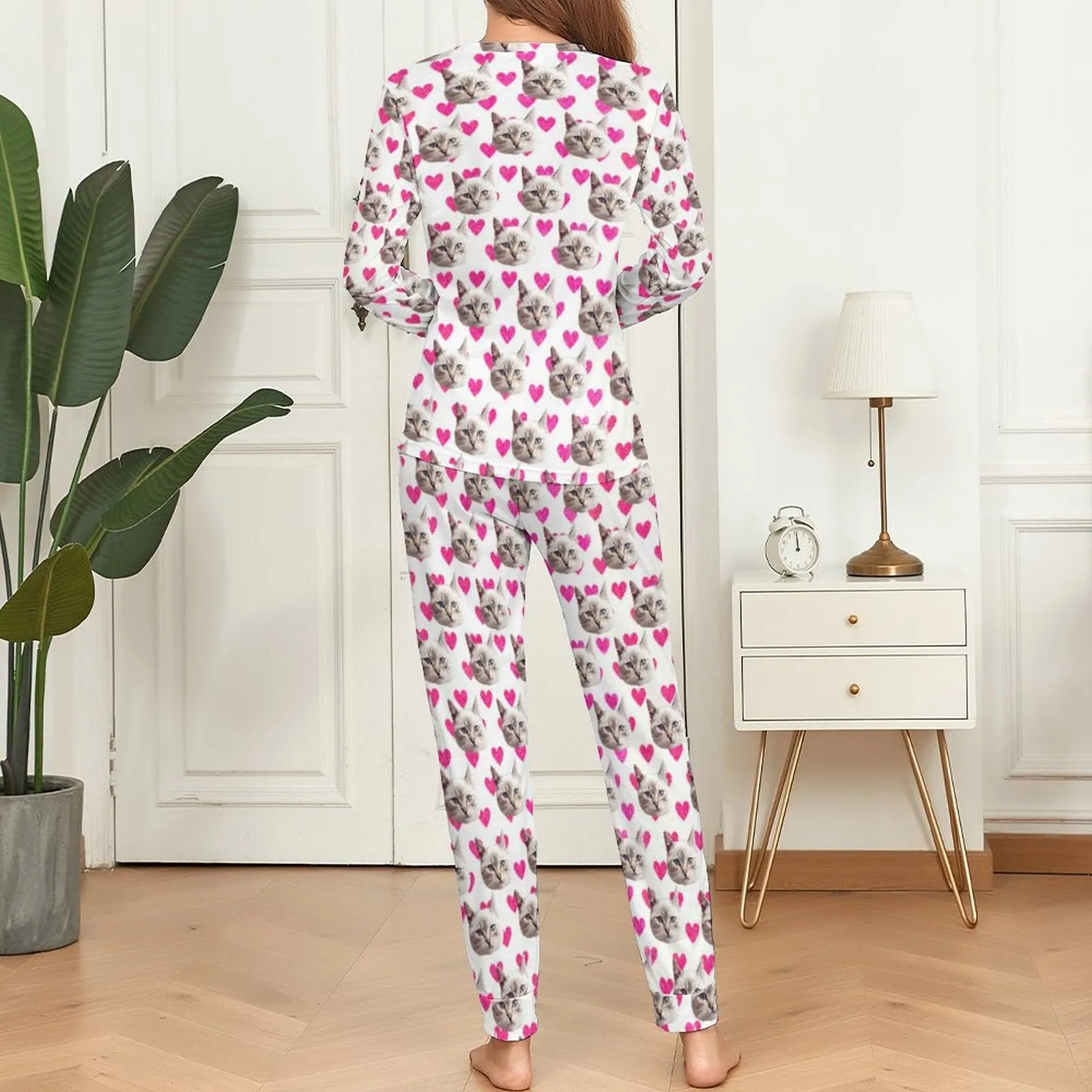 Custom Face Pajamas Cat&Heart Pink Sleepwear Personalized Women's Crewneck Long Pajamas Set