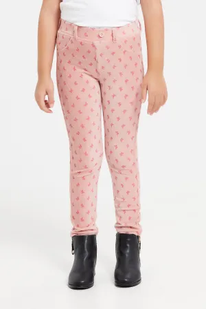 Girls Pink Printed Jeggings